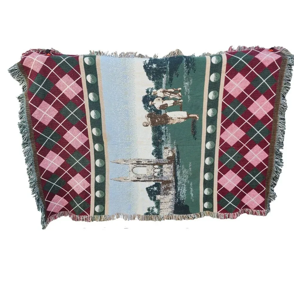 Vintage Golf Tapestry Throw‎ Blanket 67x45 Argyle Fringe Woven Scenic